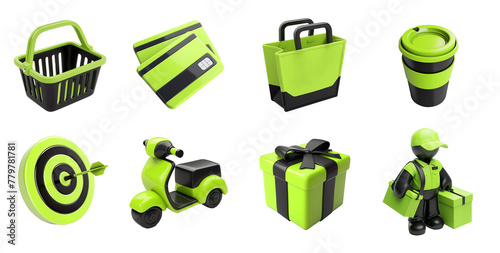 Shopping 3d style icon set. Basket, gift, credit card, coffee cup, scooter, target, delivery man 3d icon.