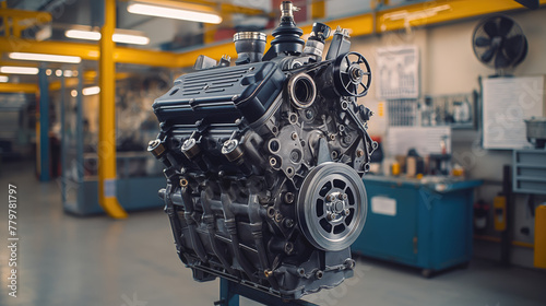 Car engine on a stand in a workshop ready for overhauling.