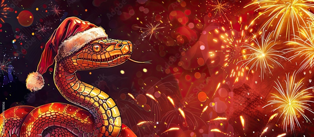 A festive snake wearing a Santa hat against a backdrop of fireworks A festive snake wearing a Santa hat against a backdrop of fireworks