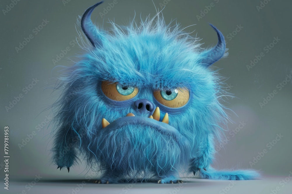Fototapeta premium Cute blue furry monster 3D cartoon character