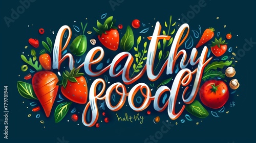 Whimsical illustration with 'Healthy Food' phrase surrounded by fruits and veggies photo