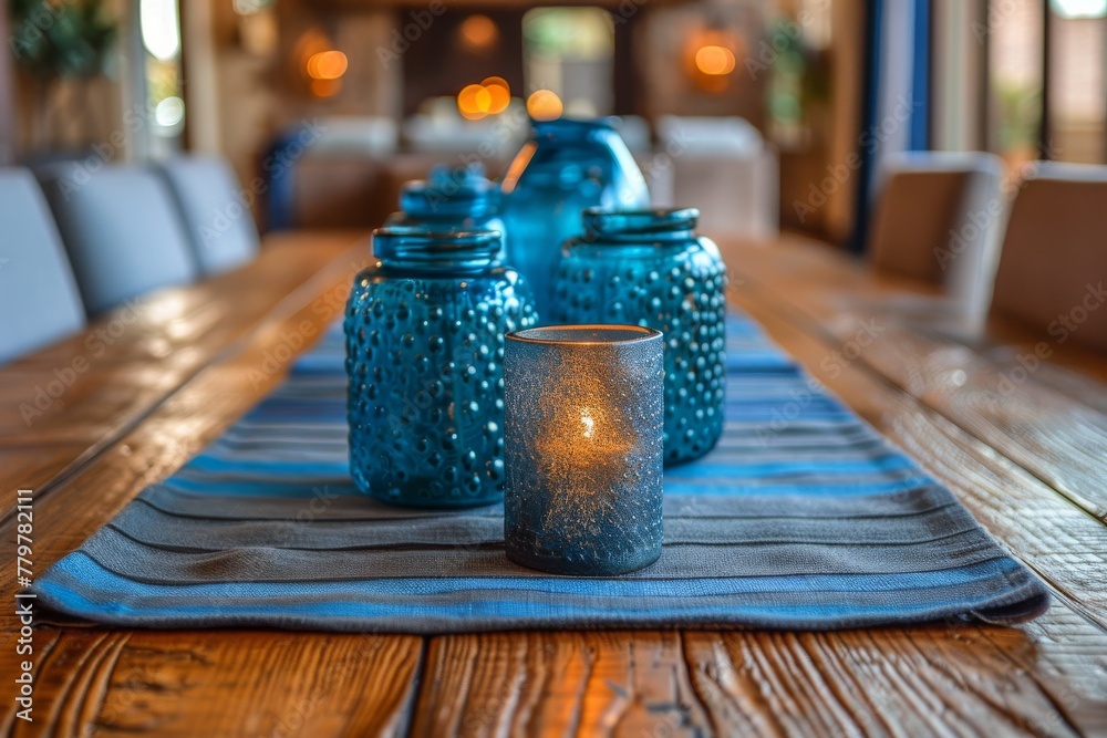 Blue glass decorative lanterns cast a warm, inviting glow on a rustic wooden table in an intimate indoor space Blue glass decorative lanterns cast a warm, inviting glow on a rustic wooden table in an intimate indoor space