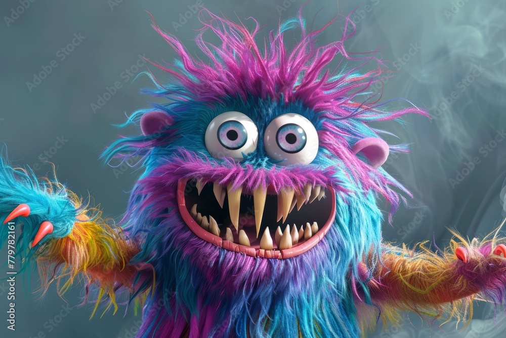 Obraz premium Cute multicolored furry monster 3D cartoon character.