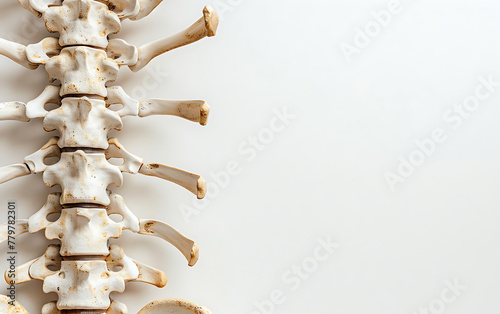 Human Skeleton Spinal Vertebral Column focus on a plain medical background with space for text. generative ai