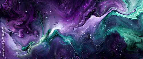 Swirls of amethyst and emerald green collide, creating a visually striking abstract spectacle.