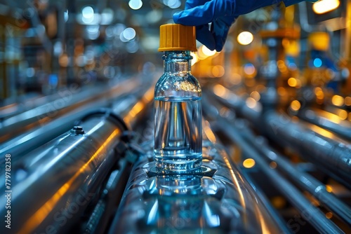 A single plastic water bottle with a yellow lid on a modern industrial conveyor belt system