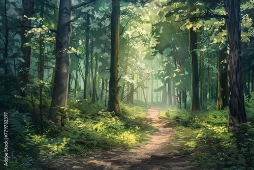 A whimsical digital drawing of a mystical forest filled with vibrant colors and dream-like atmosphere photo