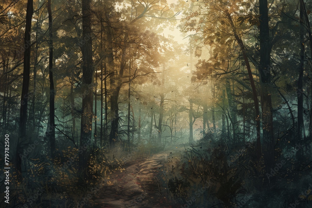 Naklejka premium A whimsical digital drawing of a mystical forest filled with vibrant colors and dreamy atmosphere