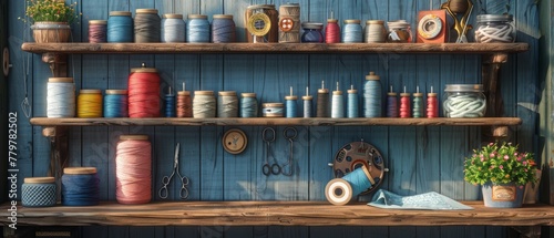 An interior design for seamstresses. Set of reels of thread, centimeters, fabric, thimbles and scissors, a seam ripper, needles for sewing, and pins on wood shelf.