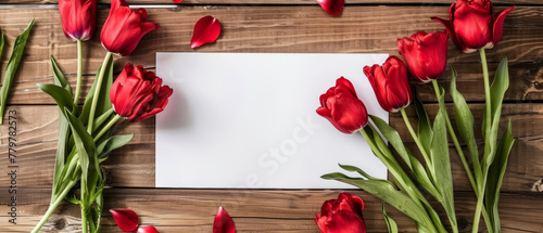 A charming scene of red tulips encircling a blank white paper, set upon a rustic wooden surface, perfect for a naturalistic touch.