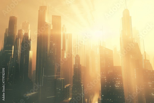 A digital illustration of a bustling futuristic cityscape with towering skyscrapers and flying vehicles.