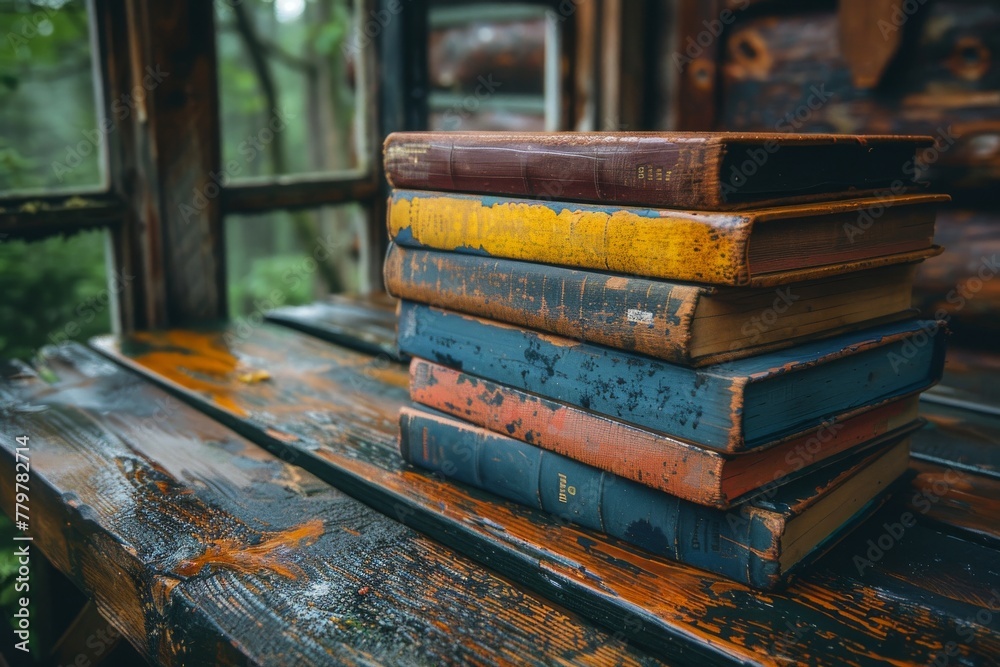 Stack of antique, weathered books by a rainy window evoking a nostalgic, contemplative mood Stack of antique, weathered books by a rainy window evoking a nostalgic, contemplative mood
