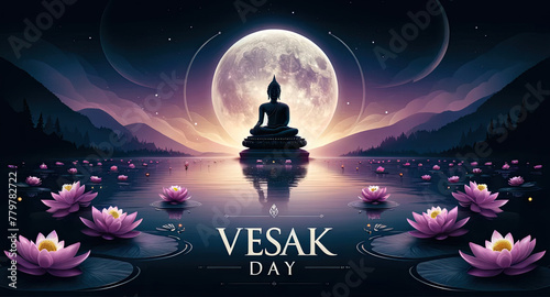 Illustration for Vesak Day featuring the serene image of Buddha meditating under the full moon surrounded by lotus flowers and a tranquil landscape. photo