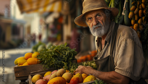 Farmer Poses with Fresh Fruits and Vegetables at Stand
