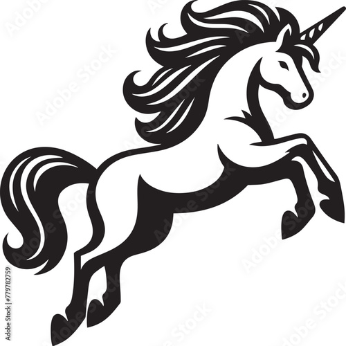 Black and white unicorn jumping vector illustration.