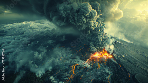 A volcano erupts with a lot of smoke and fire