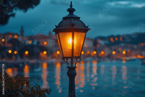 An antique streetlamp stands glowing against a backdrop of a city enveloped in the hues of twilight