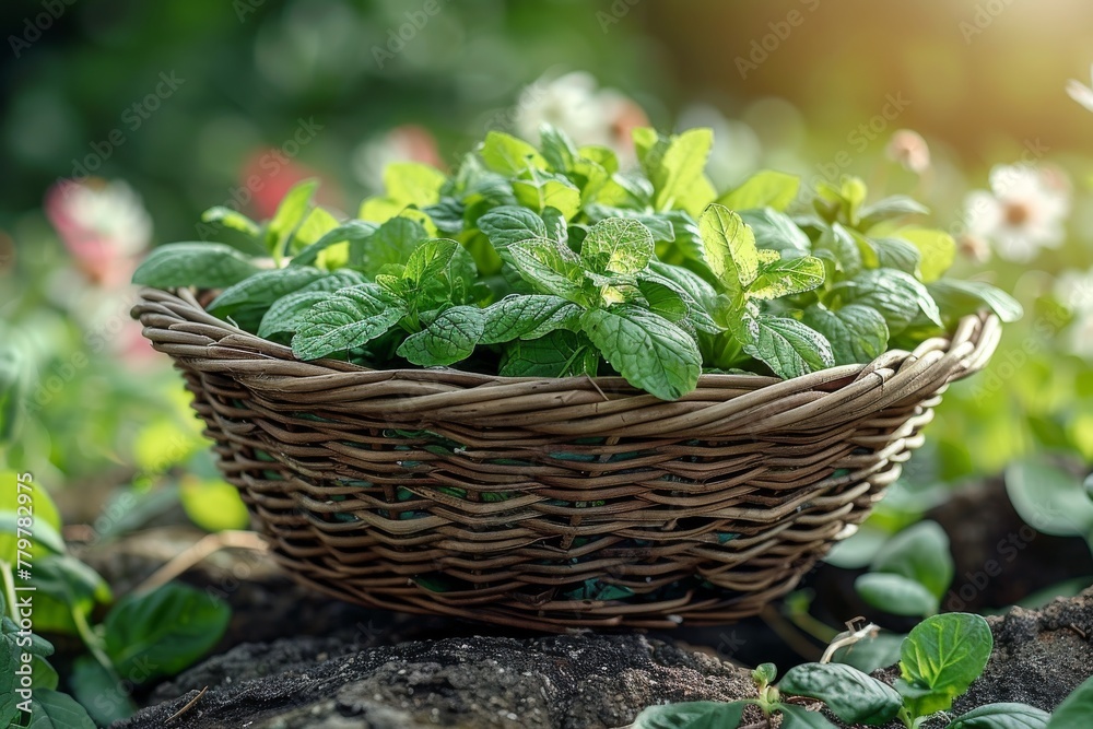 A wicker basket filled with vibrant green fresh mint leaves is set upon a rock in a lush garden setting
