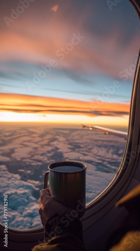 A pilot with an aluminum mug of black tea, the earlymorning sky in the viewport reflected in the cupa  s sheen photo