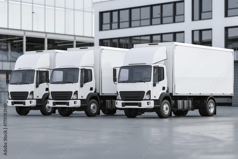 Three white box delivery trucks parked in front of an industrial building