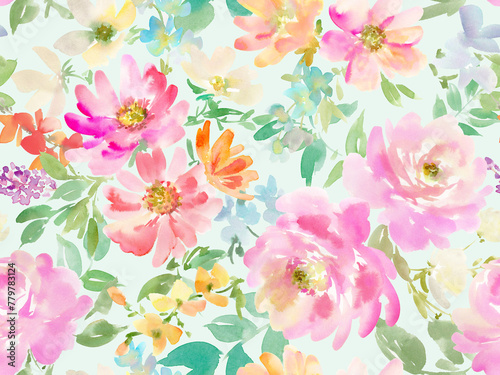 Seamless pattern of pink roses and wildflowers painted in watercolor. Floral pattern for invitation. © Sawango