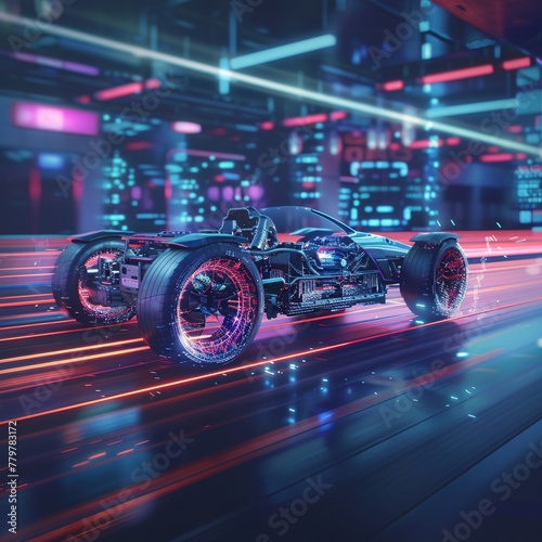 A modern  high-tech car with sleek lines and bright lights navigates the bustling streets of a city at night  surrounded by skyscrapers and neon signs
