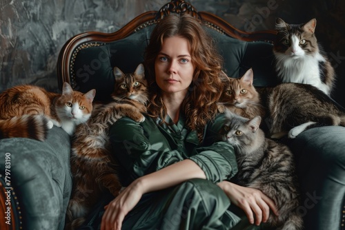 Cozy Living  Woman Embracing Comfort with Many Cats in Armchair