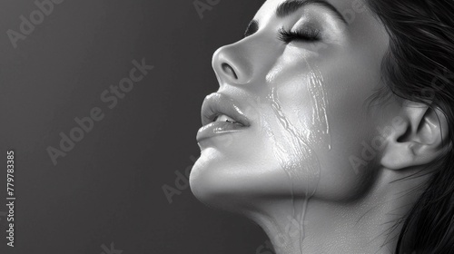 Elegant woman in a moment of bliss lightly touching her face with cream symbolizing the luxury of skincare