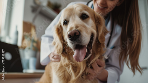 Portrait of a Young Female Veterinarian in Glasses Petting a Noble Healthy Golden Retriever Pet in a Modern Veterinary Clinic