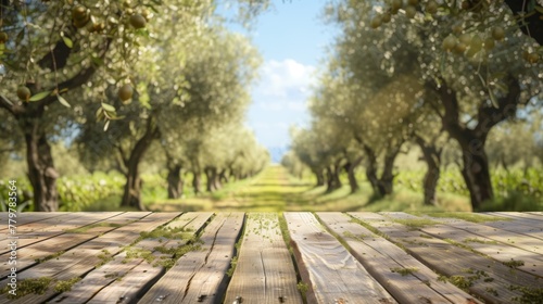 Wooden table view leading to a sunlit olive grove with mature trees.