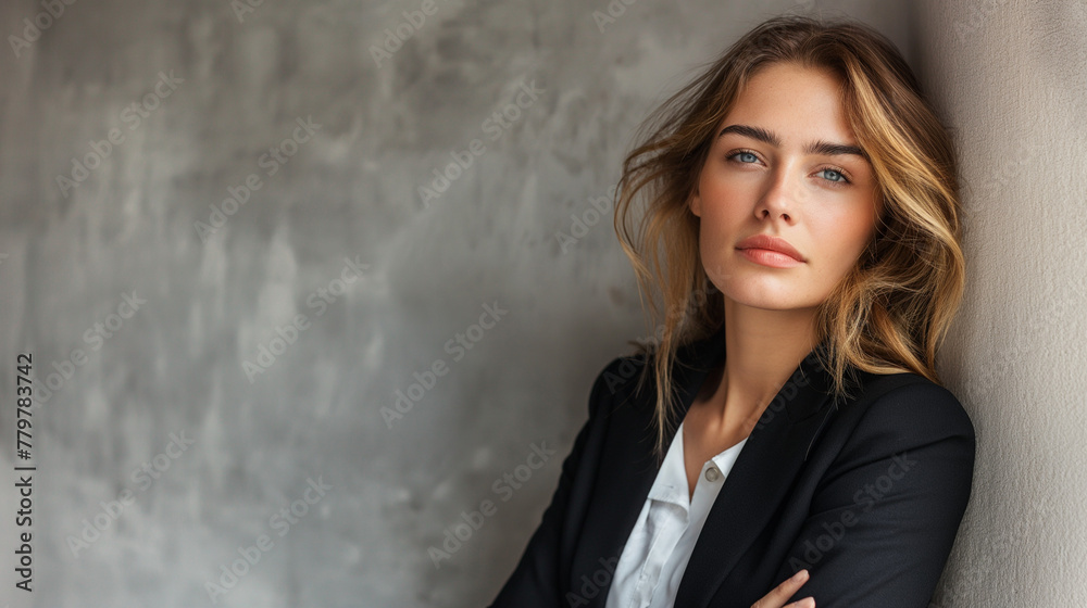 Portrait of young, beautiful and confident woman lean on wall with copy space at right side. Confident young business woman concept Portrait of young, beautiful and confident woman lean on wall with copy space at right side. Confident young business woman concept