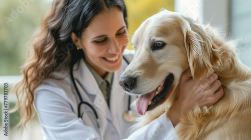 Portrait of a Young Female Veterinarian in Glasses Petting a Noble Healthy Golden Retriever Pet in a Modern Veterinary Clinic