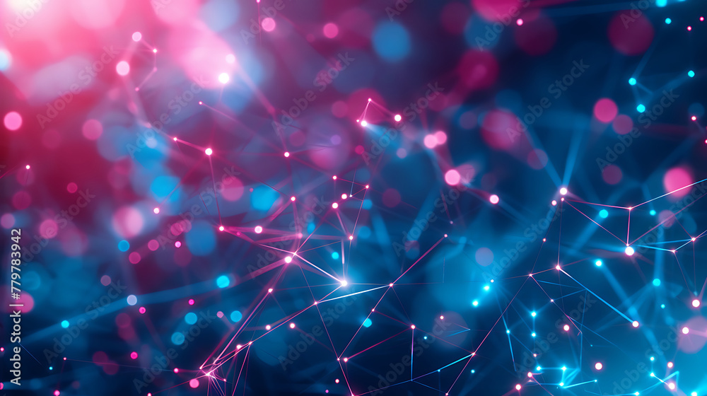 Fototapeta premium Spheres and cubes networks 3d illustration on a gradient of deep blue to dark bright pink website background. generative ai