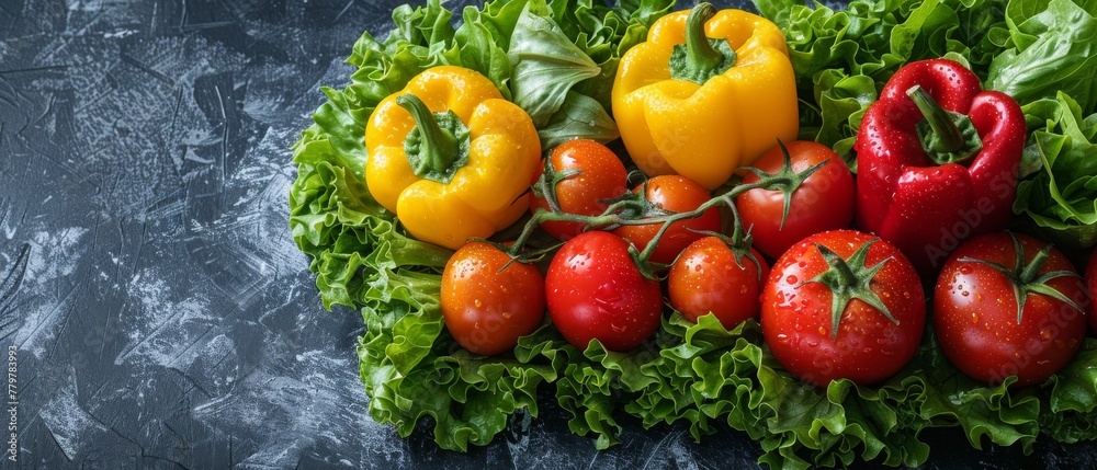 The elements of ripe bell peppers, lettuce, and tomato are isolated on a white background in a healthy eating theme. Copy space is available in addition to the photo or text. There is an abundance of The elements of ripe bell peppers, lettuce, and tomato are isolated on a white background in a healthy eating theme. Copy space is available in addition to the photo or text. There is an abundance of
