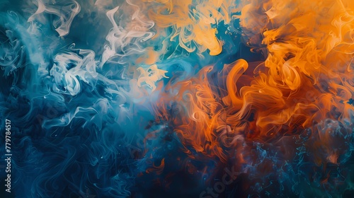 Sunset orange smoke forming intricate shapes over a canvas adorned with royal blue and emerald.