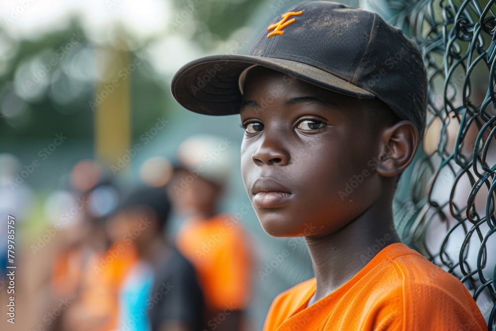 Young baseball player leaning on a fence watching the game Young baseball player leaning on a fence watching the game