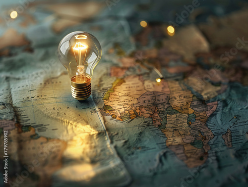 A lightbulb casting light on unknown territories, illustrating the role of innovation in exploring new business frontiers photo
