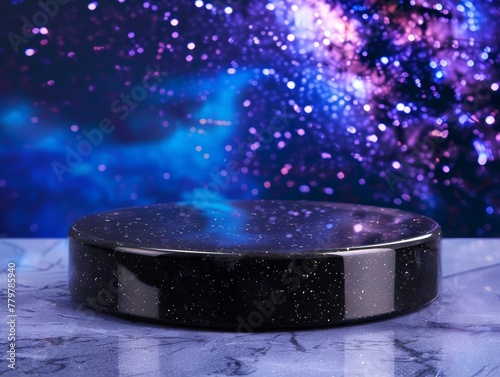 Polished obsidian podium, front view focus, with a starlit night sky background, ideal for astrologythemed jewelry
