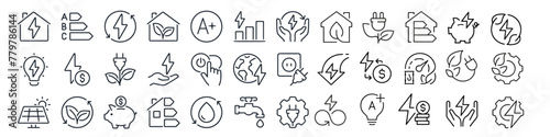 Line icons about energy efficiency and saving. Sustainable development. Thin line icon set. linear variety vectors. Vector Illustration photo