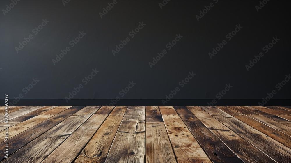 Empty room corner with dark wall and rustic wooden floor, suitable for backgrounds. Empty room corner with dark wall and rustic wooden floor, suitable for backgrounds.