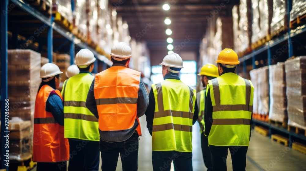 Obraz premium Workers gather in aisles between tall shelves, with merchandise crammed into the back view.