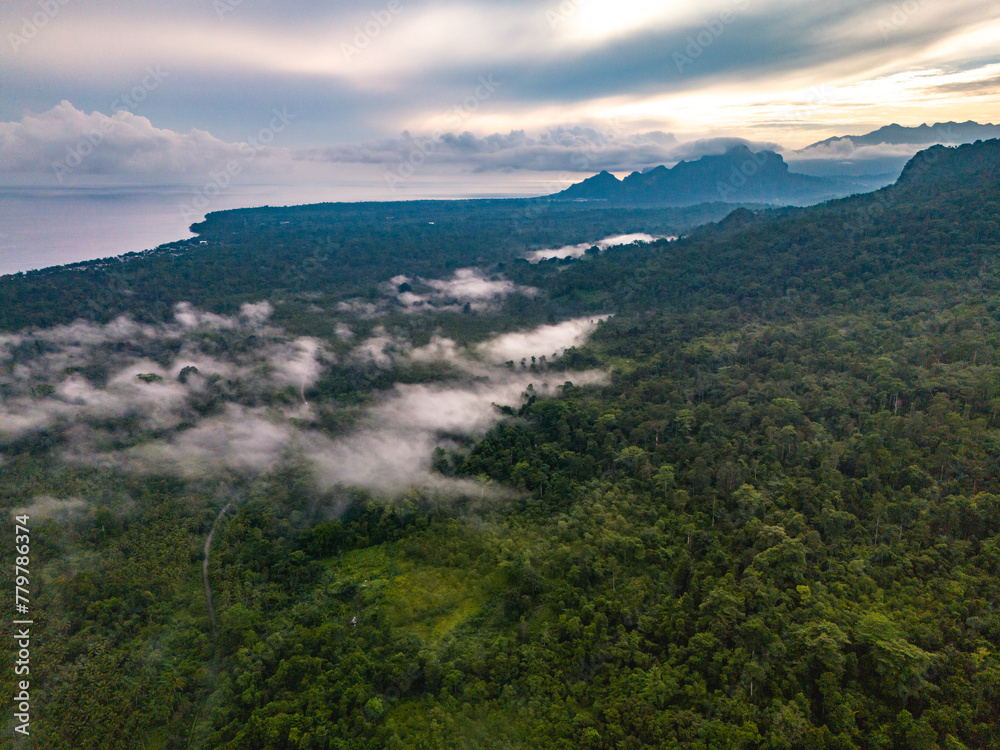 Aerial View of Misty Morning in Seram Island, Maluku, Indonesia