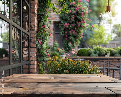 Elegant Urban Cafe Terrace with Sleek Wooden Table and Natural Accents Inviting for Product Display and Lifestyle Photography