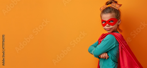 child posing in superhero costume on orange background, copy space