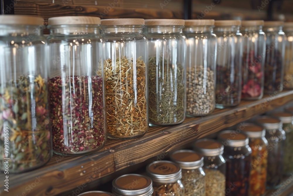 Assortment of dried herbs in glass jars on wooden shelf