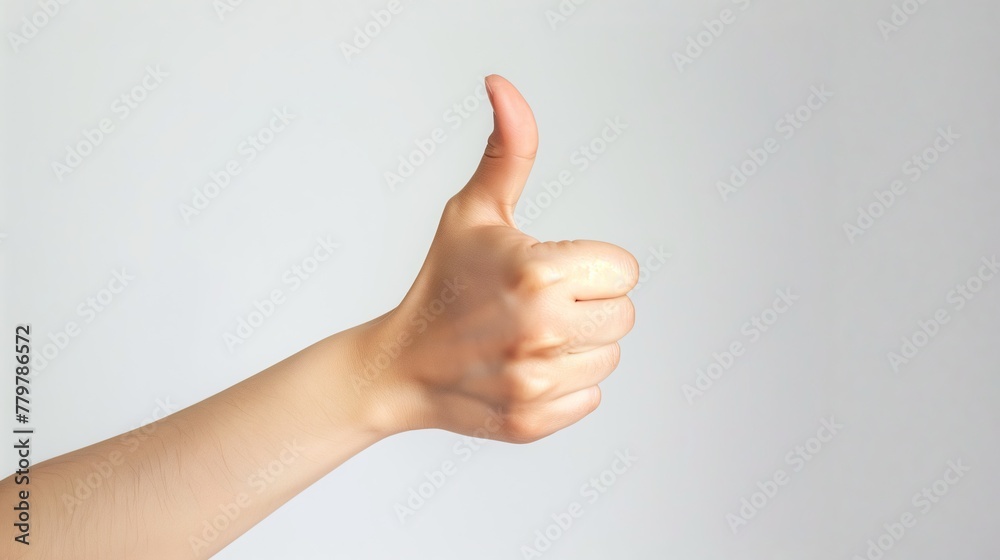 a photograph of a hand doing the thumbs-up gesture on white background
