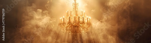 Elegant chandelier illuminating the past s charm in a haze of light and smoke creating a captivating and mystical atmosphere photo