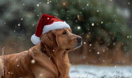 golden retriever on snow in santa hat