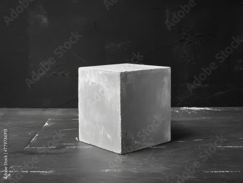 Visualize a chalk cube with matte white texture Highlight its simplicity, on a classic blackboard color background photo
