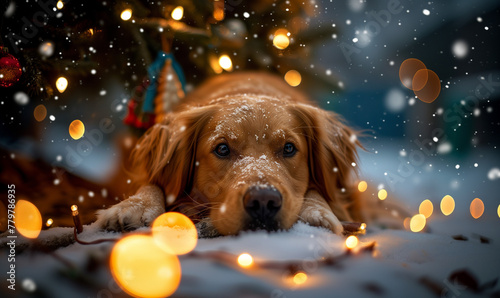 golden retriever posing in the snow among bokeh lights